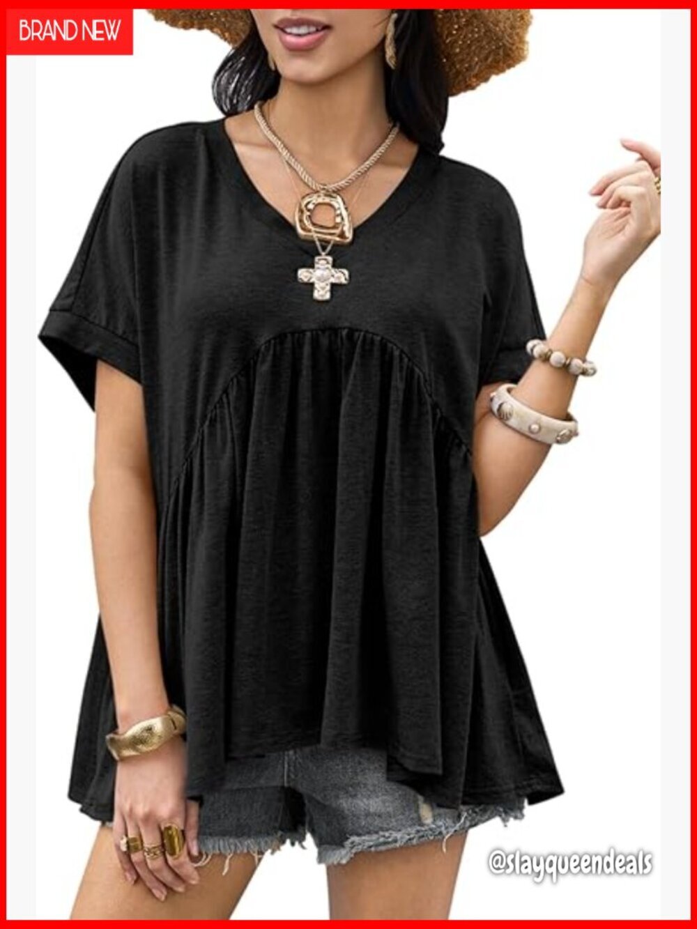 Oversized Babydoll Peplum Top Short Sleeve V Neck Loose Fit Swing Blouse